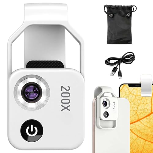 Nanozoom 200x Magnification   Cell Phone Lens,Phone Microscope Camera,Phone Mini Microscope with LED Light,Clip On len Turns Any Smartphone Into A Microscope,Portable Microscope (White)