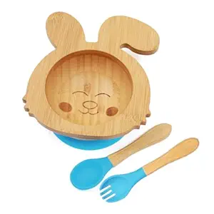 KIDS STATION Bamboo Rabbit Suction Bowl with Feeding Spoon and Fork | Super Strong Suction Cup | Ideal for Baby-Led Weaning & Toddler Self-Feeding | Natural Bamboo | BPA Free (Blue)