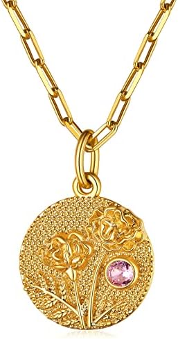 FOCALOOK Vintage Birthstone Necklace for Women Sterling Silver/Gold Plated Birth Flower Pendant Cubic Zirconia Jewellery Personalised Birthday Gifts Valentines Day Gift for Her