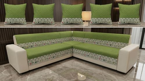 Image of Luxury Sofa Cover L Shape 5 Seater with Matching Cushion Cover 16x16 inch - Olive Green Diamond 3+2 Seater (5 Seater) Quilted Sofa Cover Set Pack of 10, Washable, Olive Green