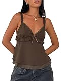Sastianaen Women Y2k Sheer Mesh Cami Top Ruffle Hem Spaghetti Strap Tank Top Cute Babydoll Camisole Summer Streetwear (Brown, S), Small