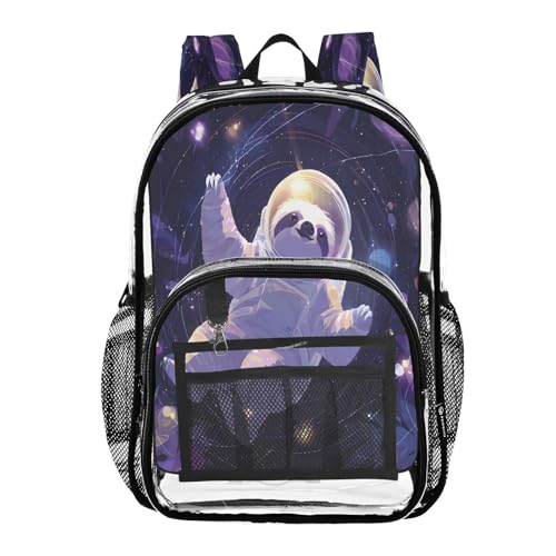 Sloth Astronaut Floating Planet Clear Backpack Heavy Duty See Through Transparent PVC BookBag for Kids Boy Girl School Work
