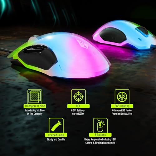 Image of Archer Tech Lab Wired Gaming Mouse,Precise Tracking, Rapid Response with Sunplus Sensor, Adjustable 12000 DPI, 8 Programmable Buttons, Huyu Switches, RGB Backlit| for PC /Mac (Recurve 400-Transparent)
