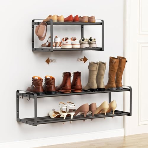 PrimZooty 2 Pack Wall Mounted Shoe Rack, 16.9"-31" Expandable Hanging Shoe Rack with 4 Hooks, Premuim Wall Shoe Holder, Space Saving Metal Shoes Organizer for Closet, Entryway, Garage, Front Door