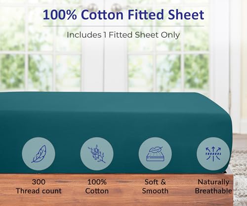 ROYALE LINENS 300 Thread Count 100% Long Staple Combed Cotton Fitted Sheet Queen - Super Soft Deep Pocket Bottom Sheet - Fitted Sheets Only - Elastic Sheets (Queen, Teal) - Thumbnail 4