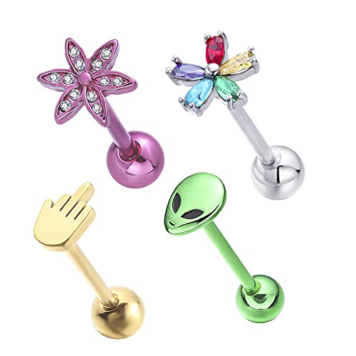 WASOLIE 4Pcs 14G Stainless Steel Tongue Piercing Barbells Multicolor Nippleings Ring Body Piercing Jewelry for Women