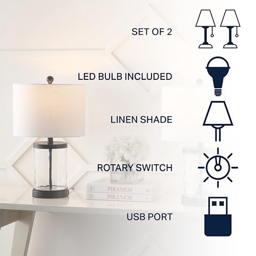 JONATHAN Y 21" Black Modern Industrial Water Glass Table Lamp Set of 2 with USB Charging Port, Iron Bedside Lamp for Bedroom Living Room, White Shade, LED Bulbs Included JYL4058A-SET2 by JONATHAN Y - Image 6