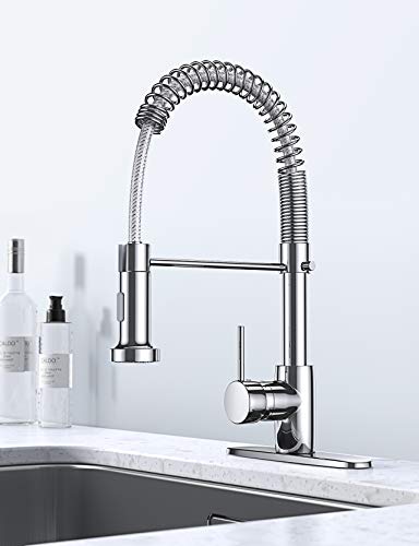 Deeroll Kitchen Faucet, Low Lead Commercial Solid Brass Single Handle Single Lever Pull Down Sprayer Flexible Spring Kitchen Sink Faucet with Deck Plate