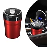 SHMZK Car Ashtray with Lid, Detachable Smokeless Cylinder Cup Holder Ashtray with LED Light, Portable Vehicle Ashtray Smell Proof Trash Can for Car Home Office, Car Accessories (Red, Large)