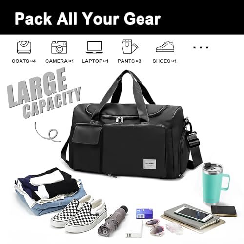 WOOMADA Foldable Travel Duffel Bag for Women, Weekender Bags with Shoes Compartment,Overnight Bag with Wet Pocket & Trolley Sleeve(Black) — view 3