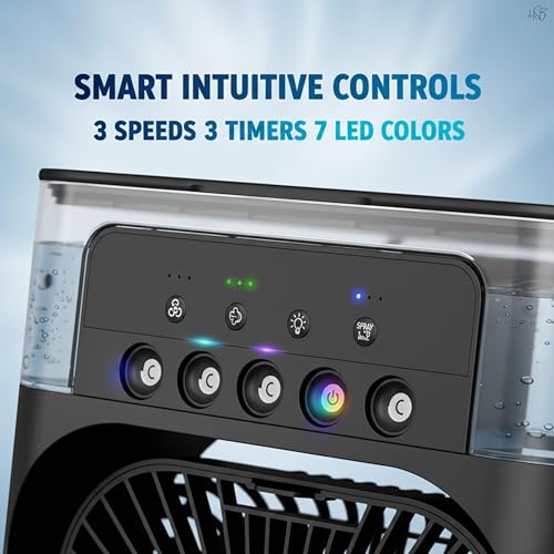 Image of Drumstone Portable Mini Air Cooler with Humidifier, 3 Speed Personal Cooling Fan, Water Tank, LED Light, USB Powered, Adjustable Airflow for Desk, Bedroom, Office & Travel