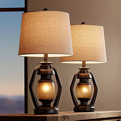 Franklin Iron Works Horace Rustic Farmhouse Table Lamps 25.25" High Full Size Set Of 2 With Nightlight Miner Lantern Brown Oatmeal Tapered Drum Shade For Living Room Bedroom House Bedside Nightstand #TOP2