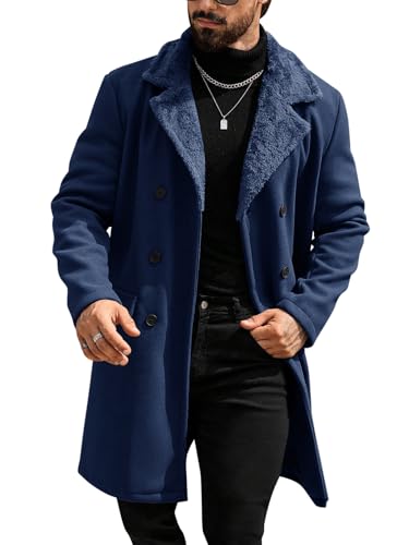 Image of Runcati Mens Trench Coat Double Breasted Notched Collar Fleece Jacket Slim Fit Fall Winter Fuzzy Pea Coats Warm Overcoat