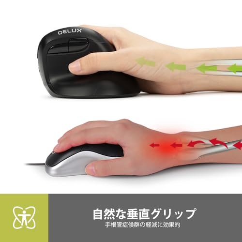 DELUX エルゴノミクスマウス 無線 静音 小手用 縦型マウス 4000DPI 2.4G/Bluetooth 5.0デュアルモード 手根管、手首、手の疲れに、ラップトップ/PC/Mac用 (M618MINI DB-ブラック)