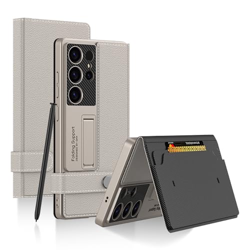 Image of Midkart Leather Flip Cover Compatible with Samsung Galaxy S25 Ultra with Card Holder Built-in Kickstand Magnetic Belt Lock Inner Hard PC with Full Body and Camera Protection, Beige