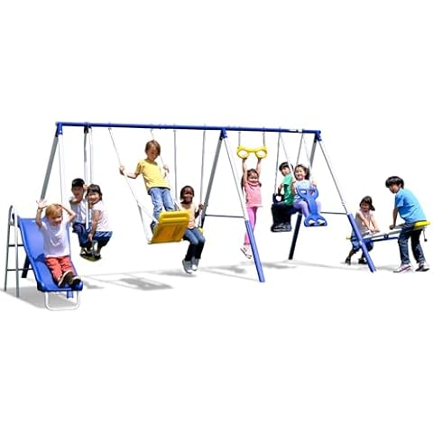 Sportspower Super 9 Metal Swing Set: Teeter Totter, 2 Kid Glide Ride Swing/Roman Glider Swing, Standing Swing + Trapeze Bar, Blow Molded Swing + 5' Wavy Slide Bonus 4pc Anchor Kit* Cover