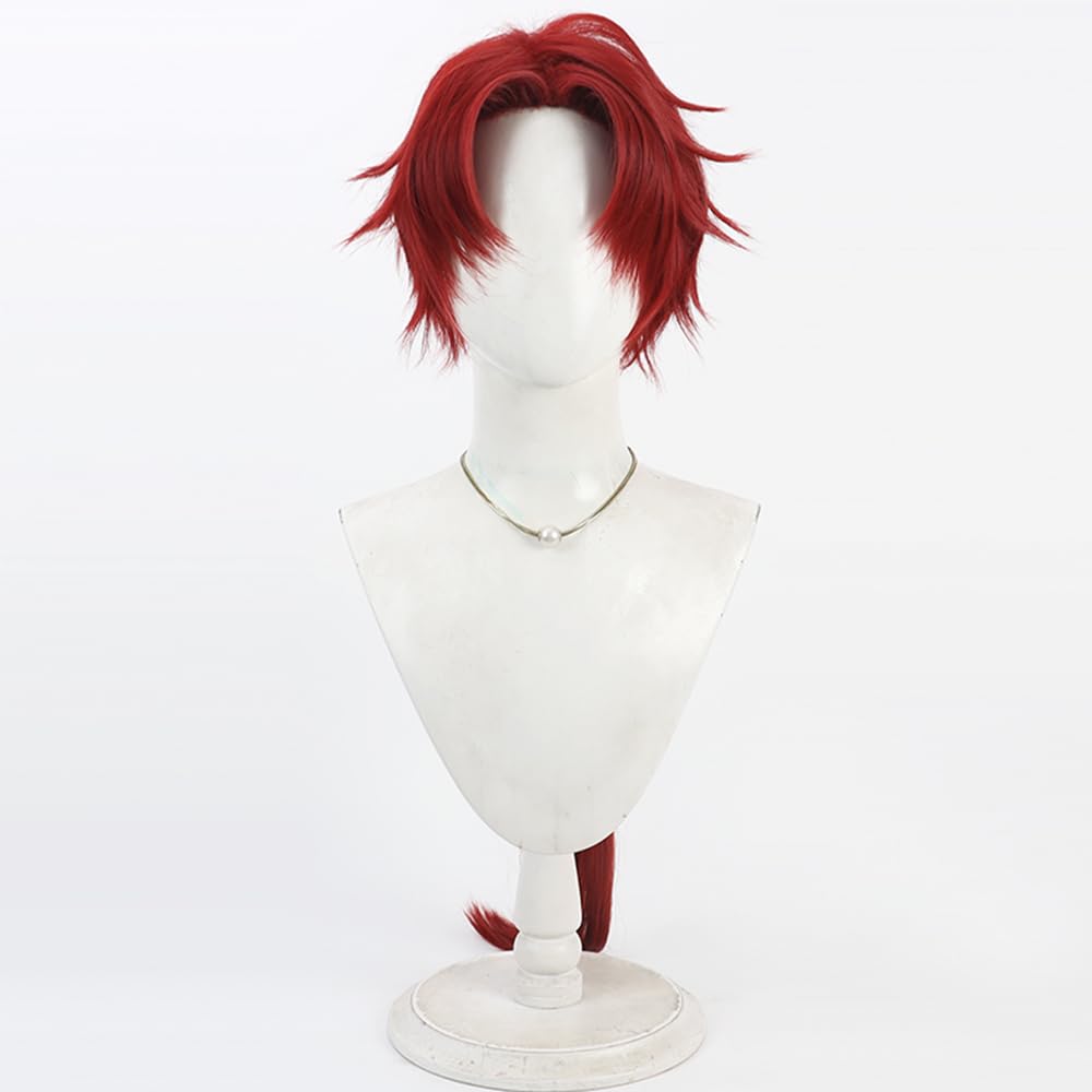 Men Cosplay Wig Anime Red Long Ponytails Straight Hair Synthetic Fiber Wig for Halloween Costume Party