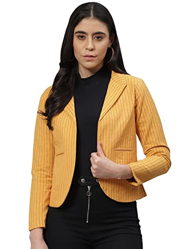 Image of Cottinfab Mustard Yellow Striped Open Front Blazer