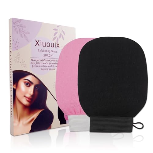Xiuouix,Xiuouix Deep Exfoliating Glove,2Pcs 100% Natural Viscose Exfoliating Body Scrubber Glove for Removes Unwanted Dead Skin,Dirt.Great for Self-Tanning to Improve Skin Tone Made (A-Black, Pink)