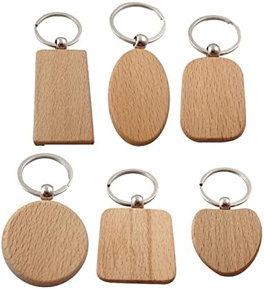 Suneast 6 Pcs DIY Blank Wooden Keychain Natural Wood Keyring Metal Key Ring Bag Car Pendant Ornaments for Women Men Christmas Valentine's Day Gifts - 6 Shapes