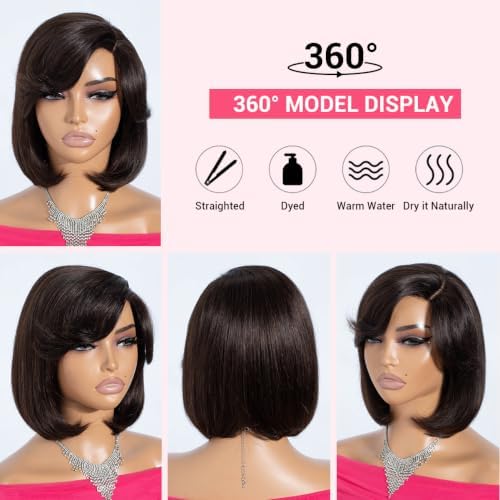 Rebecca Fashion Lace C Part Bob Wig Human Hair With Side Bang, Silky Straight Short Bob Transparent Lace Glueless Wig 150% Density Dark Brown Wigs for Black Women — view 3