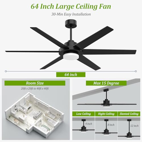 64 inch Ceiling Fans with Lights and Remote&APP,Industrial Ceiling Fan Reversible Quiet DC Motor, 6 Speed 3 CCT Dimiable, Modern Large Ceiling Fan for Living Room Farmhouse Patios Outdoor Gazebo Black by BrilMaison - Image 5