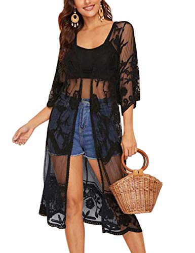 Romanstii Women's Lace Cardigan Floral Crochet Sheer Beach Cover Ups Long Kimono2