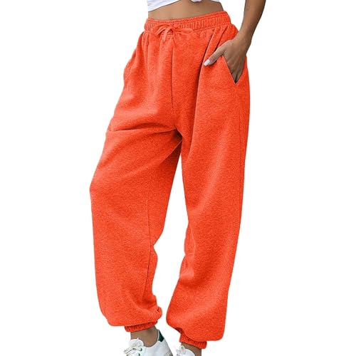 Image of YGERGWE Gym Joggers Women, Baggy Tracksuit Bottom Workout Lounge Sweatpants with Drawstring Cuffed Trousers Lightweight Straight Leg Ladies Jogging Bottoms Orange