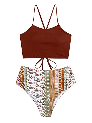 ZAFUL Women's Crisscross Ruched High Waisted Bikini Set Two Piece Ethnic Print Swimsuit Lace Up Padded Boho Tankini Brown XL