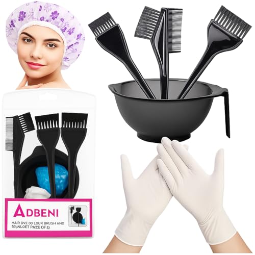 Image of adbeni Hair Dye Kit with Comb-Edge Mixing Bowl (300ml), Applicator Brushes, Tint Comb, Powder Free Gloves & Shower Cap | Reusable Tools for DIY Hair Coloring & Bleach | Home & Salon Ready | Pack of 6