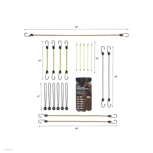 KEEPER - Assorted Bungee Cords in Multiple Colors, 20 Pack - 6”, 10”, 12”, 18", 24", and 32”