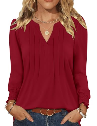 Rapbin Damen Bluse Langarm Oberteile V Ausschnitt Langarmshirt Elegant Lässige Blusenshirt Casual Shirt Herbst Tunika Bluse Tops Rot L