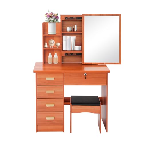 Tocador con espejo y taburete, mesa moderna con 5 cajones y espejo, tocador de composición de madera maciza, mesa de maquillaje para dormitorio, color marrón rojizo 80 × 35 × 128 cm