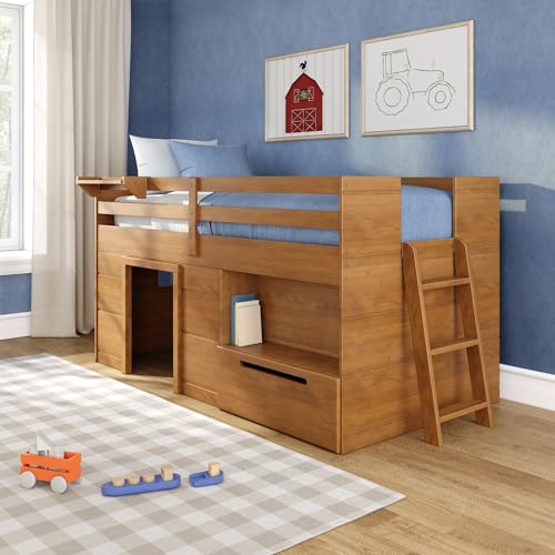 Max & Lily Modern Farmhouse Low Loft (Twin), with Storage Drawer, Farmhouse Pecan
