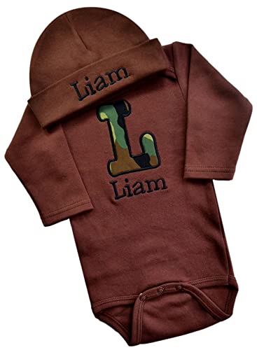 Personalized Embroidered Baby Boys Bubble Initial Bodysuit With Matching Cotton Beanie Hat And Your Custom Name Gift Set (Brown Camouflage) #TOP15
