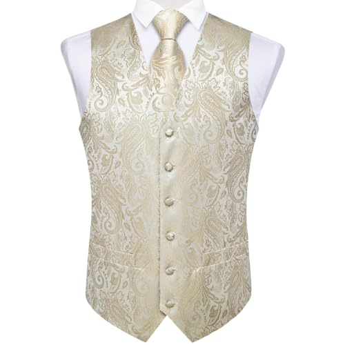 Image of DiBanGu Mens Vest and Tie Set Formal Paisley Waistcoat and Necktie Pocket Square Cufflinks Silk Suit Vest for Tuxedo Wedding