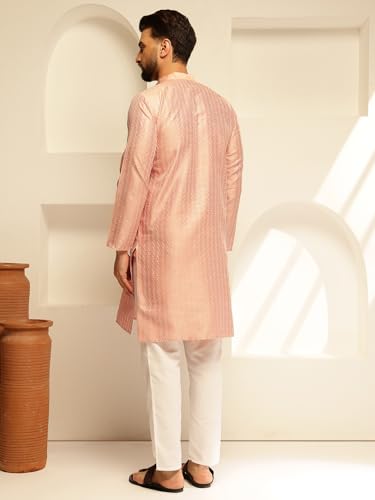 Image of SOJANYA (Since 1958 Men's Silk Blend Long Kurta with Subtle White Detailing | Traditional Ethnic Wear for Navratri