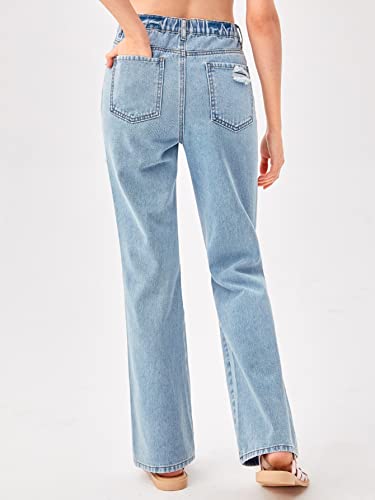 WDIRARA Girl's Cut Out Ripped Pocket Flare Leg Zipper Denim Jeans High Waist Pants2