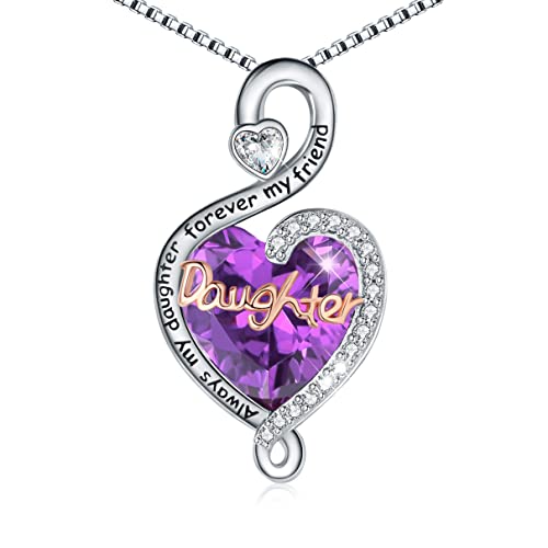 ASLBUNM Daughter Necklace S925 Sterling Silver Always My Daughter Forever My Friend Inifinity Love Heart Pendant Necklace Birthstone Jewelry Gift on Birthday Graduation for Daughter