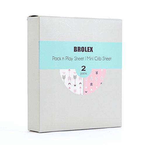 Image of Stretchy Fitted Pack n Play Playard Sheet Set BROLEX 2 Pack Portable Mini Crib Sheets,Convertible Playard Mattress Cover,Ultra Soft Material,Pink White Arrow