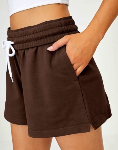 Automet Womens Shorts Casual Summer Drawstring Comfy Sweat Shorts Elastic High Waist Running Shorts With Pockets Brown #TOP3