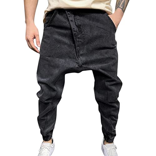 Hatop Men's Mid Waist Zip Loose Fit Jeans Stretch Skinny Jeans Side Striped Denim Pants Solid Jeans with Pockets Black