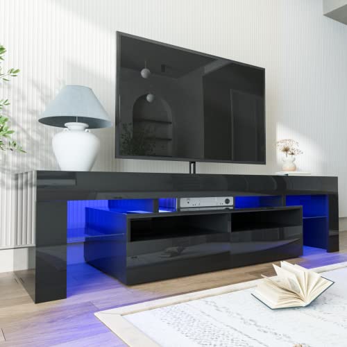 Sussurro Led Tv Stand For 60/65/70 Inch Tv, Modern Gloss Entertainment Center With Drawer And Glass Open Shelf, Television Table Center Media Console For Living Room Bedroom， Black #TOP1