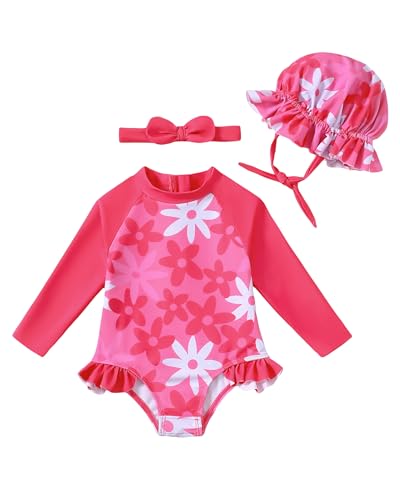 Image of SODLON Baby Girl Swimsuit Long Sleeve One-Piece Infant Bathing Suit 3M-3T | Girls Swim Suit with Hat & Zipper & Headband, Rash Guard Ruffle Swimwear, Toddler UPF 50+ Swimsuits, Baby Beach Essentials