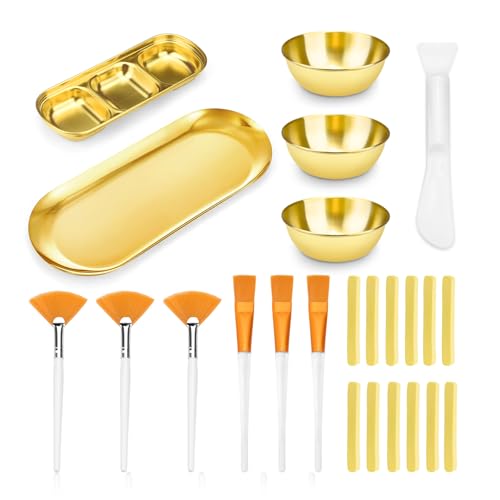24 Pieces Facial Bowls and Brushes Set for Esthetician Supplies, Flat & Fan Brush for Facial with Mixing Bowls, Serving Tray, Spatula & Compressed Sponge, Face Applicator Tool (Gold, White and Yellow)