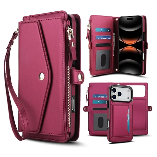 Étui iPhone 17 Pro Max cuir rouge anti RFID avec porte carte magnétique amovible