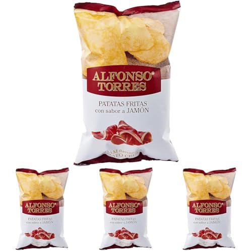 Patatas Fritas con sabor a Jamón Serrano. Bolsa de 120 gramos. Elaboradas Artesanalmente. Fritas con el mejor Aceite de Girasol. Delicioso producto Gourmet. Alfonso Torres. (Paquete de 4)