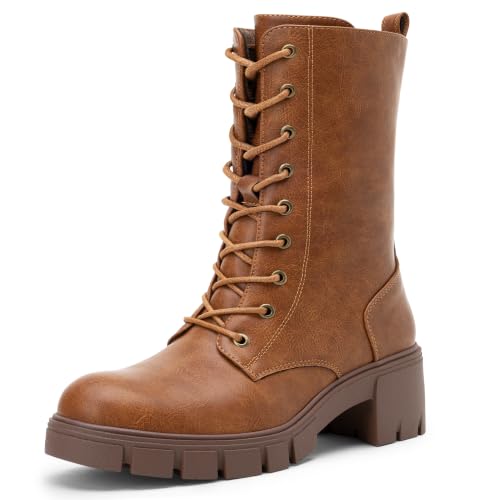 Image of Vepose Women's Mid Calf Combat Lace Up Chunky Platform Boots