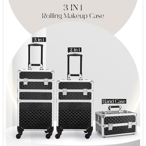 Yueieoun Rolling Makeup Case with Wheels Professional 3 in 1 Cosmetic Train Case and Cosmetology Cart Trunk for Makeup Artists Hairstylists Nail Techs and Salons Large Storage Capacity, Black by Yueieoun - Image 7
