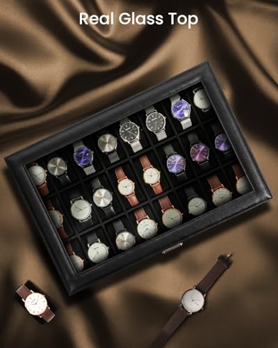 Image of Uten 24-Slot Watch Box, PU Leather Watch Case with Glass Lid, Watch Holder Organizer with Soft Pillow and Velvet Lining, Watch and Jewelry Storage Box